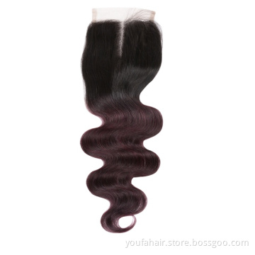 Wholesale Ombre Colored 4x4 1B 99J Transparent Swiss Lace Closure Free Part High Density Brazilian Hair Body Wave Lace Closure